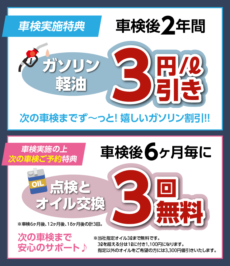 車検実施特典ガソリン軽油3円引きと車検実施の上次の車検ご予約特典点検とオイル交換3回無料